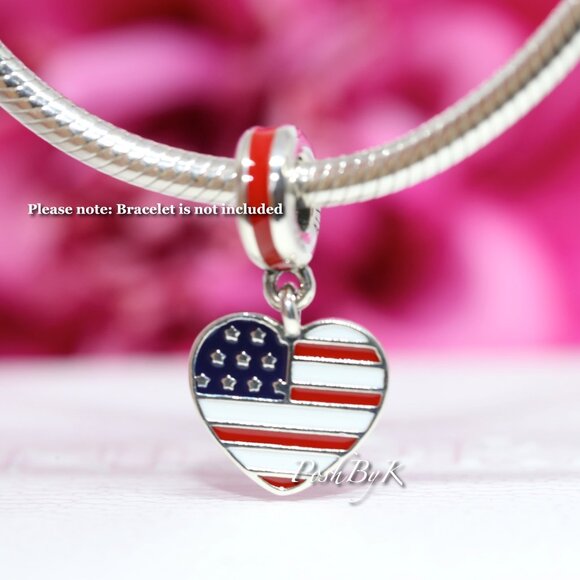 Authentic Pandora Sterling Silver USA Heart Flag Dangle Charm